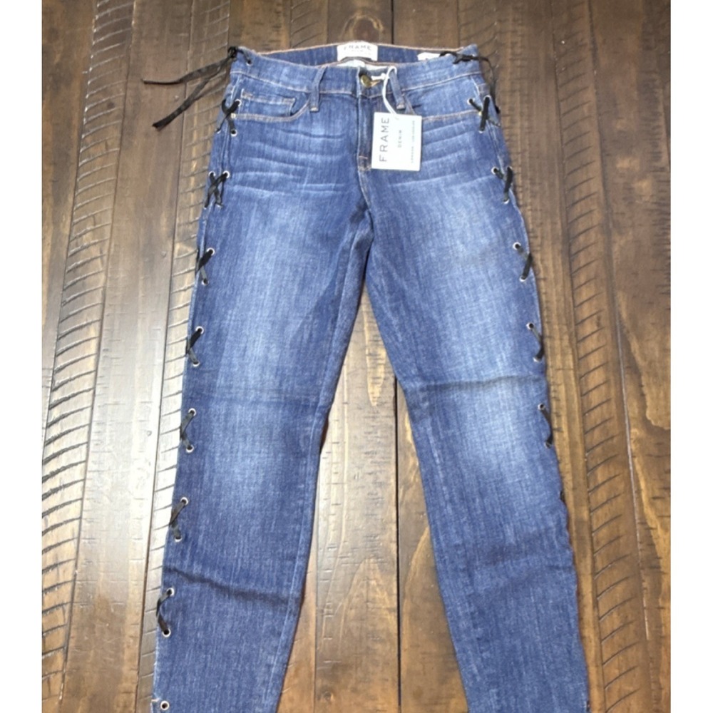 FRAME Le Skinny de Jeanne Barclay‎ Lace Up Side Jeans Blue Denim Womens 24 NEW